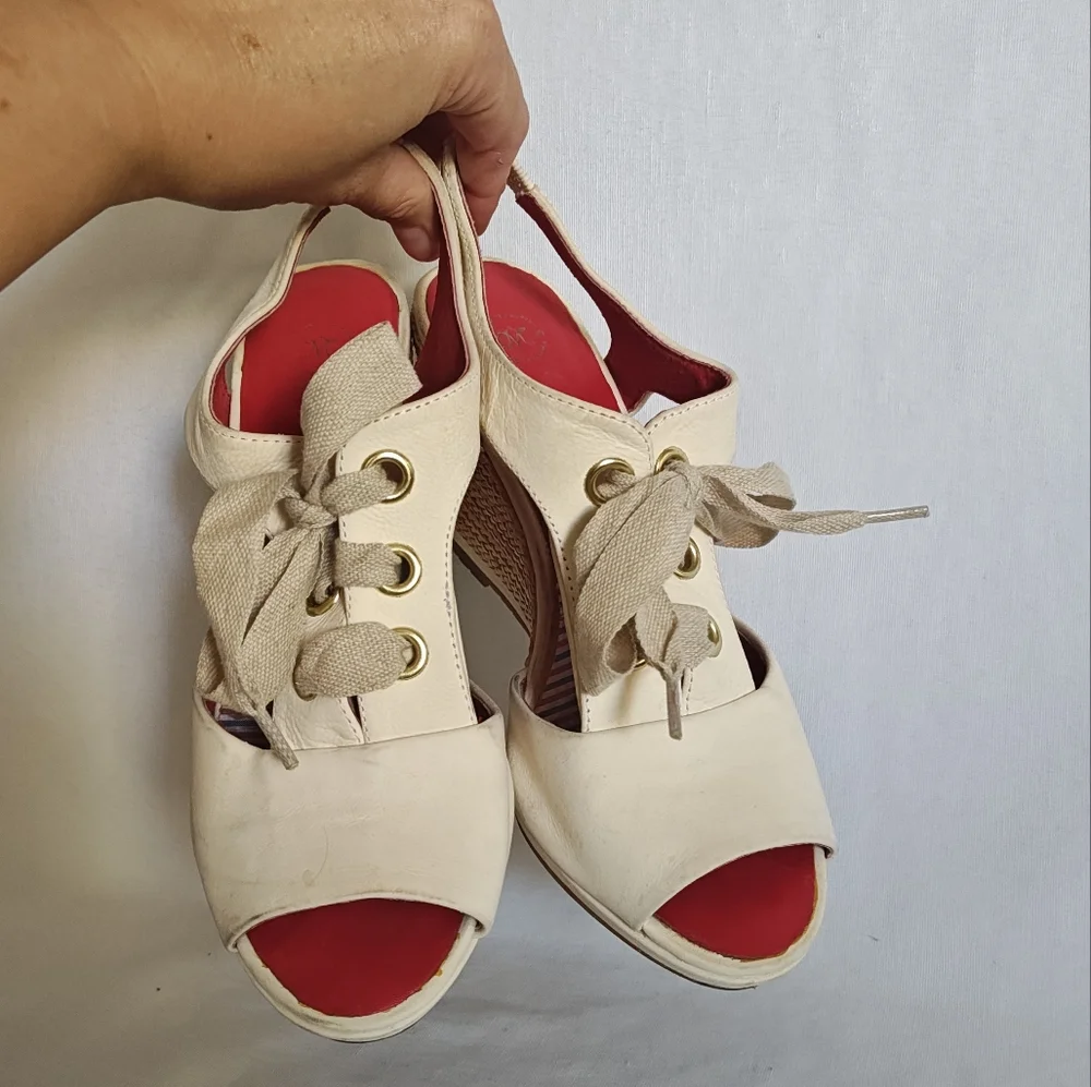 Johnston & Murphy Wedge Sandals Lace Up Espadrilles Cream 6.5 Leather‎ Natural